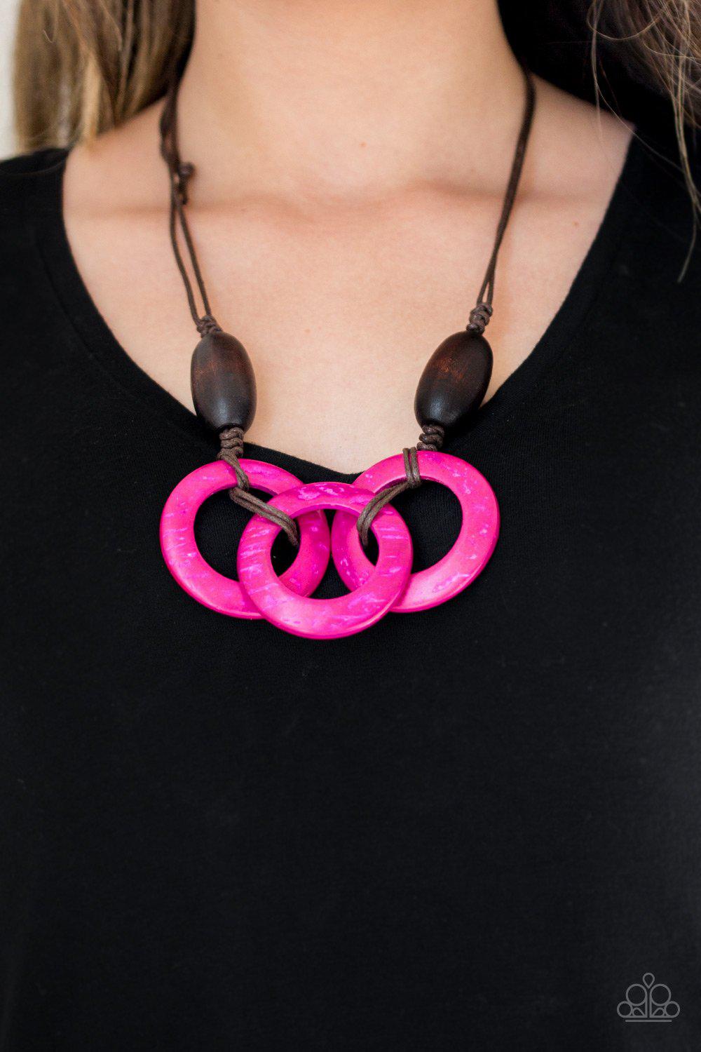 Bahama Drama Pink and Brown Wood Necklace - Paparazzi Accessories- on model - CarasShop.com - Paparazzi Jewelry by Cara Jewels