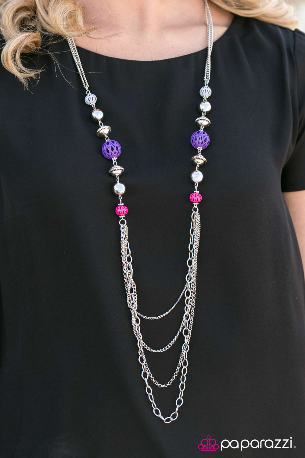 Balloon Ride Multi Pink, Purple and Silver Necklace - Paparazzi Accessories- on model - CarasShop.com - Paparazzi Jewelry by Cara Jewels