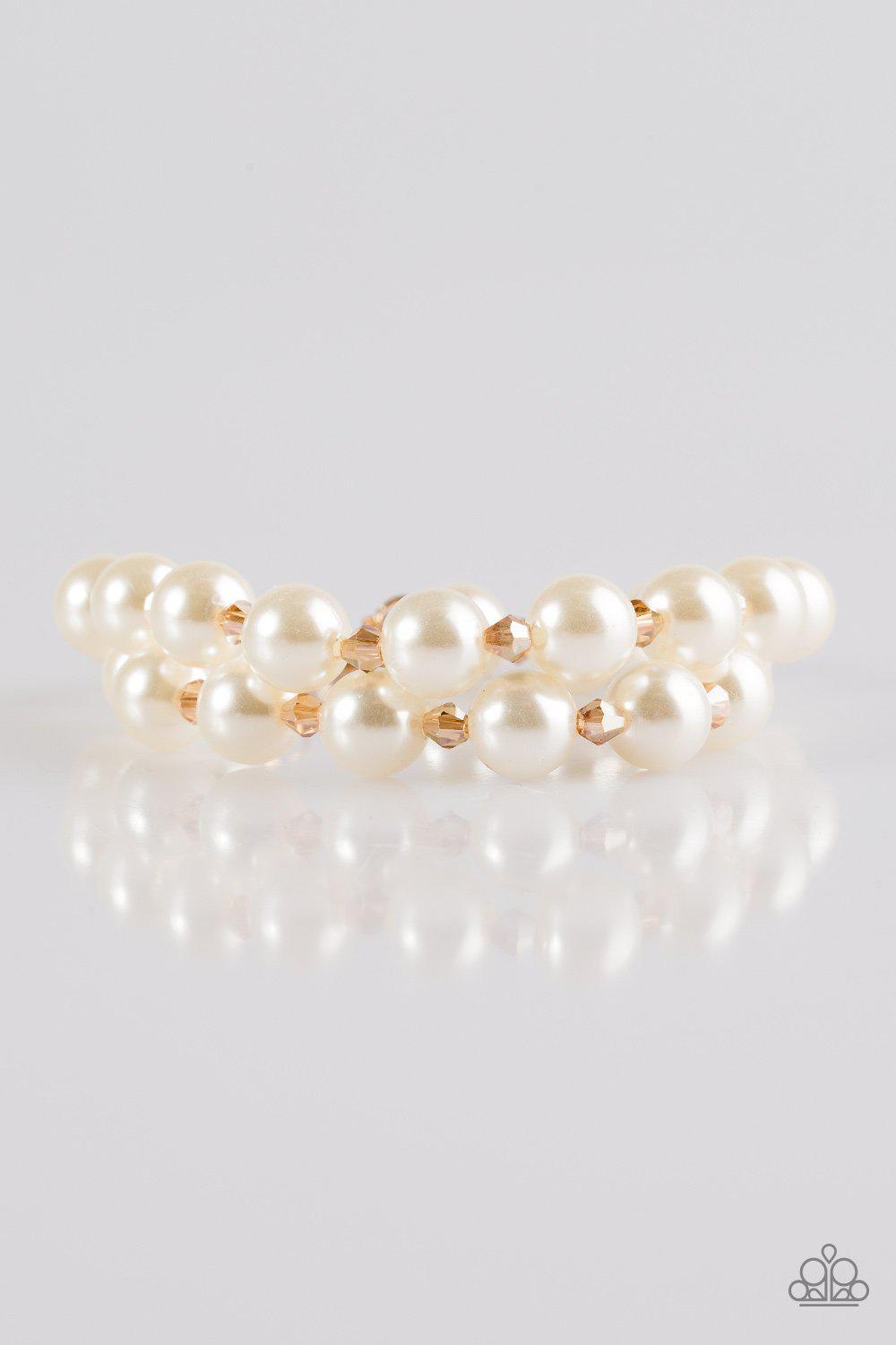 Ballroom and Board Gold and White Pearl Bracelet - Paparazzi Accessories- lightbox - CarasShop.com - Paparazzi Jewelry by Cara Jewels