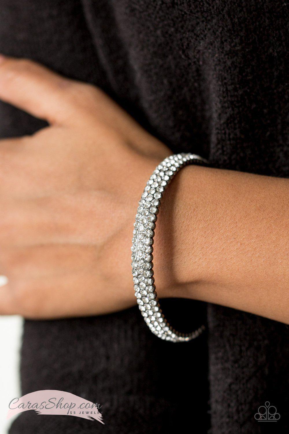 Ballroom Bling Gunmetal White Rhinestone Bangle Bracelet - Paparazzi Accessories- on model - CarasShop.com - Paparazzi Jewelry by Cara Jewels