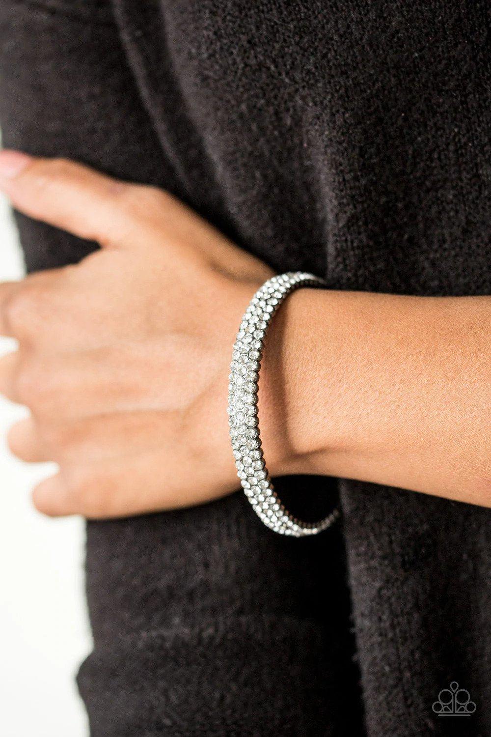 Ballroom Bling White Rhinestone Bangle Bracelet - Paparazzi Accessories- on model - CarasShop.com - Paparazzi Jewelry by Cara Jewels