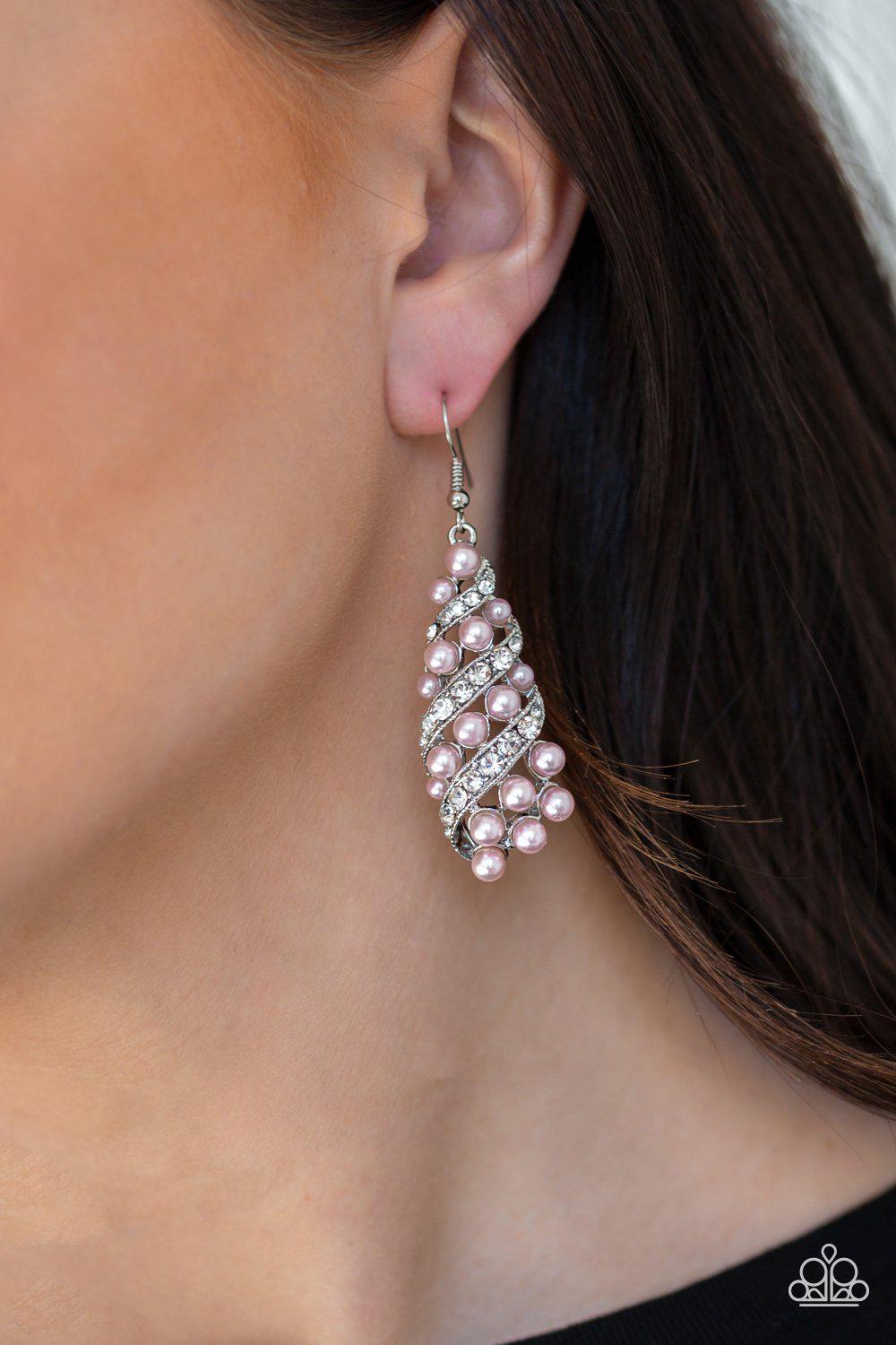 Ballroom Waltz Pink Pearl Earrings - Paparazzi Accessories- on model - CarasShop.com - Paparazzi Jewelry by Cara Jewels