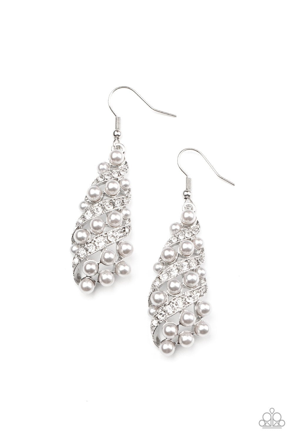Ballroom Waltz Silver Pearl and White Rhinestone Earrings - Paparazzi Accessories- lightbox - CarasShop.com - Paparazzi Jewelry by Cara Jewels