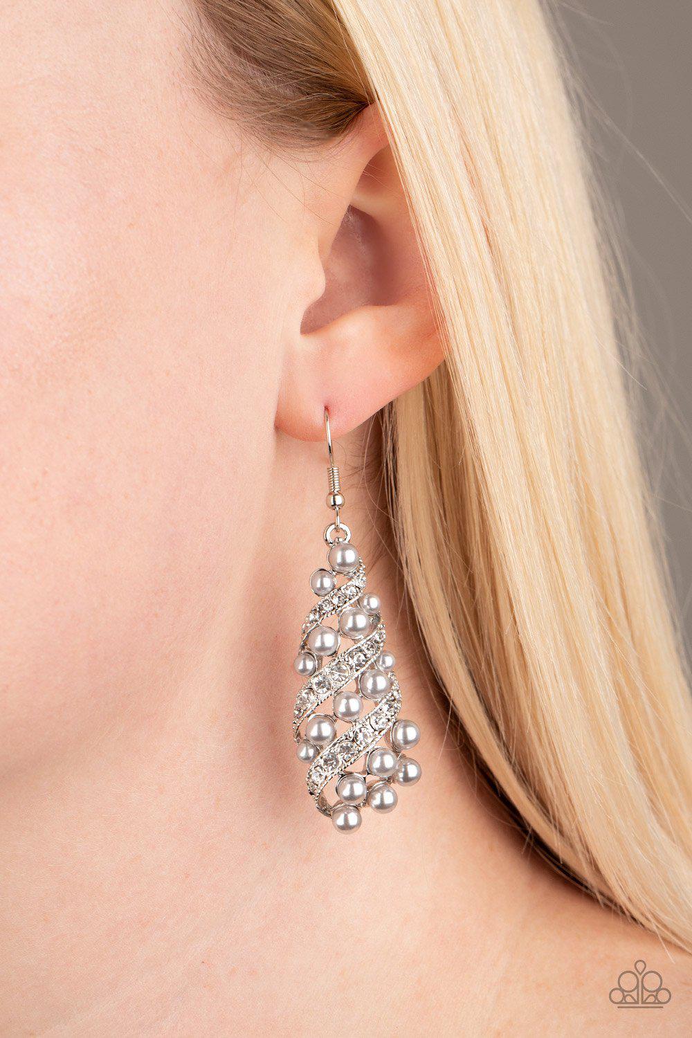 Ballroom Waltz Silver Pearl and White Rhinestone Earrings - Paparazzi Accessories- lightbox - CarasShop.com - Paparazzi Jewelry by Cara Jewels