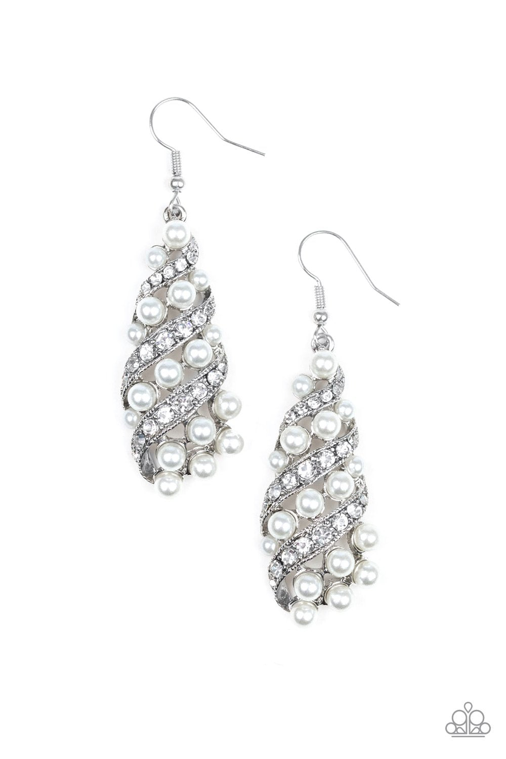 Ballroom Waltz White Pearl and Rhinestone Earrings - Paparazzi Accessories- lightbox - CarasShop.com - Paparazzi Jewelry by Cara Jewels