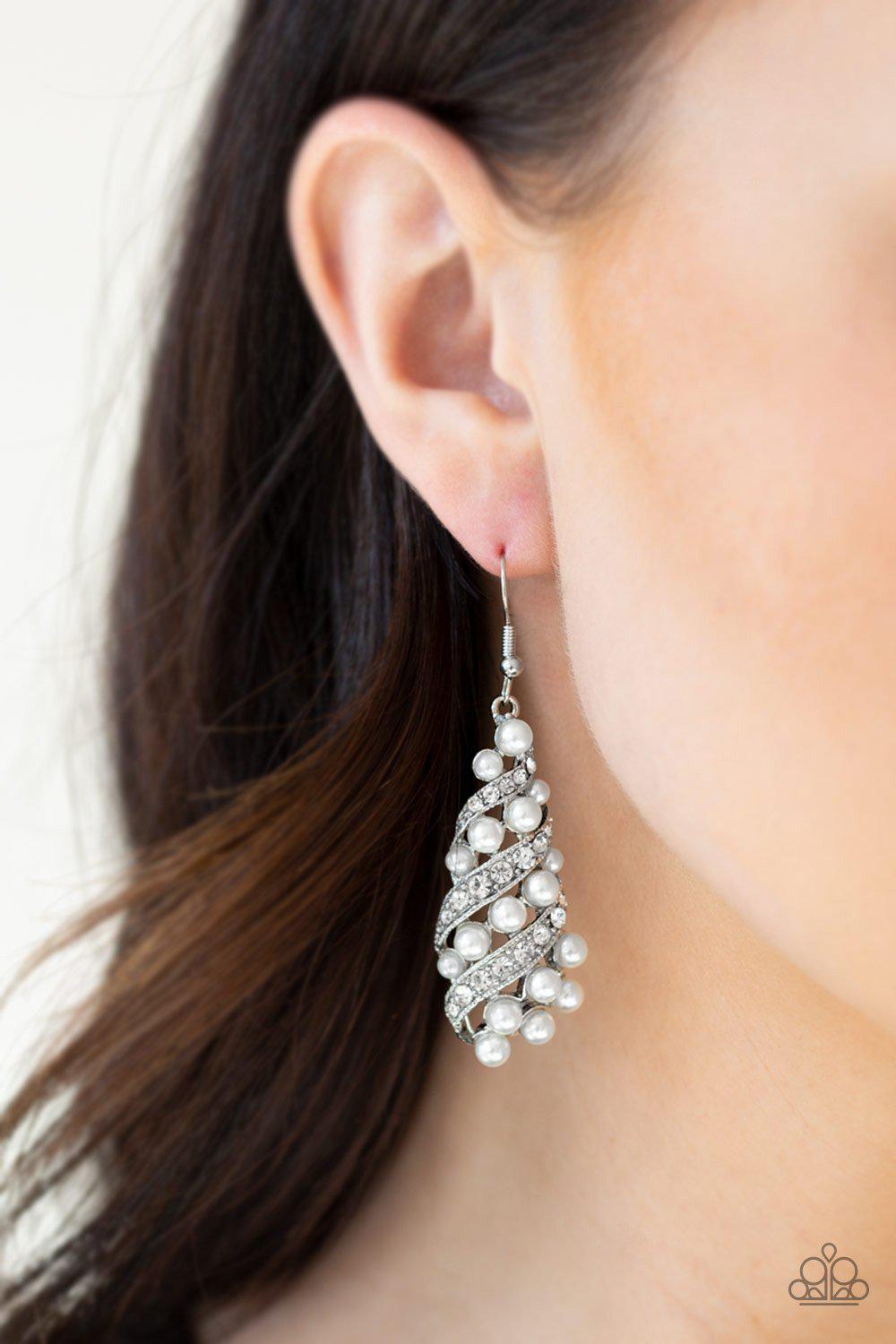 Ballroom Waltz White Pearl and Rhinestone Earrings - Paparazzi Accessories- on model - CarasShop.com - Paparazzi Jewelry by Cara Jewels