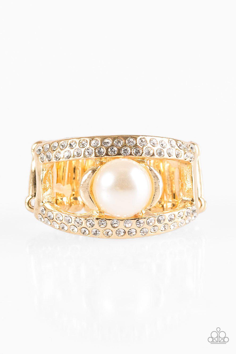 Bank Run Gold and White Pearl Ring - Paparazzi Accessories- lightbox - CarasShop.com - Paparazzi Jewelry by Cara Jewels