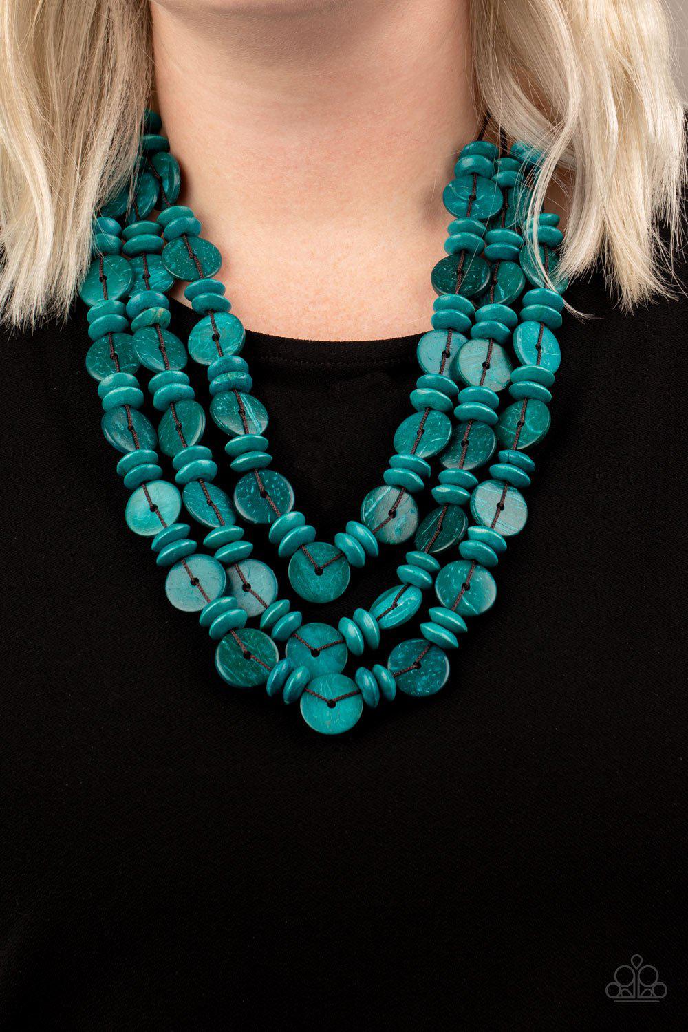 Barbados Bopper Blue Wood Necklace - Paparazzi Accessories- on model - CarasShop.com - Paparazzi Jewelry by Cara Jewels