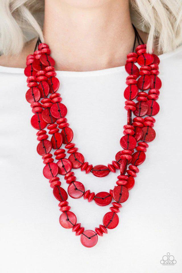 Barbados Bopper Red Wood Necklace - Paparazzi Accessories- on model - CarasShop.com - Paparazzi Jewelry by Cara Jewels