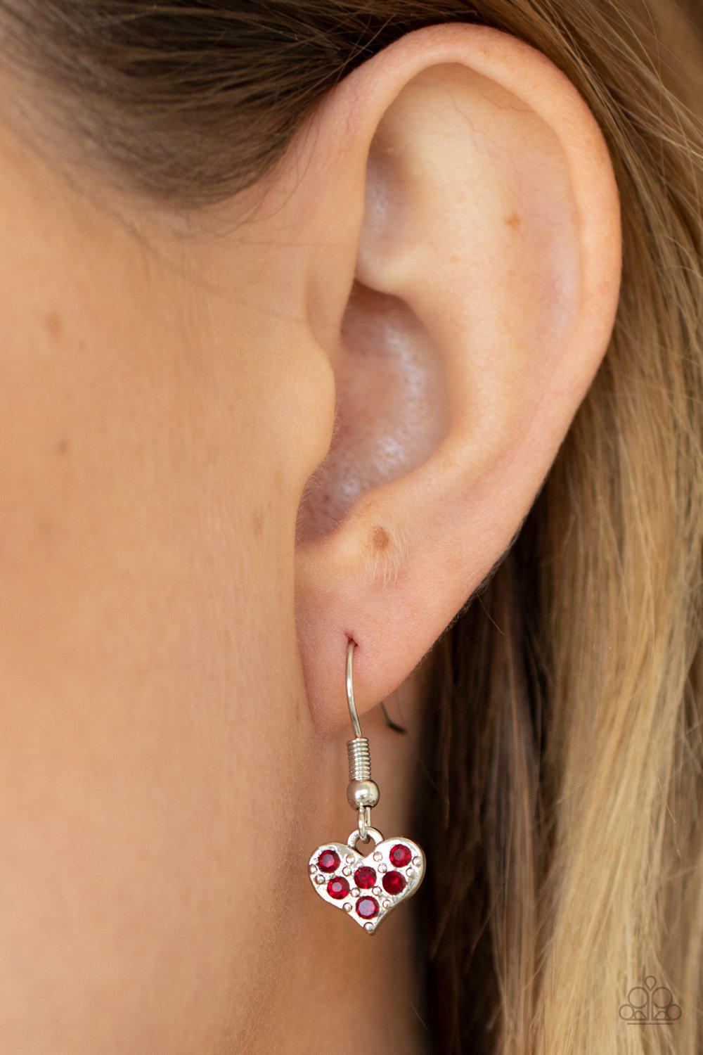 Bare Your Heart Red Rhinestone Heart Necklace - Paparazzi Accessories - free matching earrings -CarasShop.com - Paparazzi Jewelry by Cara Jewels