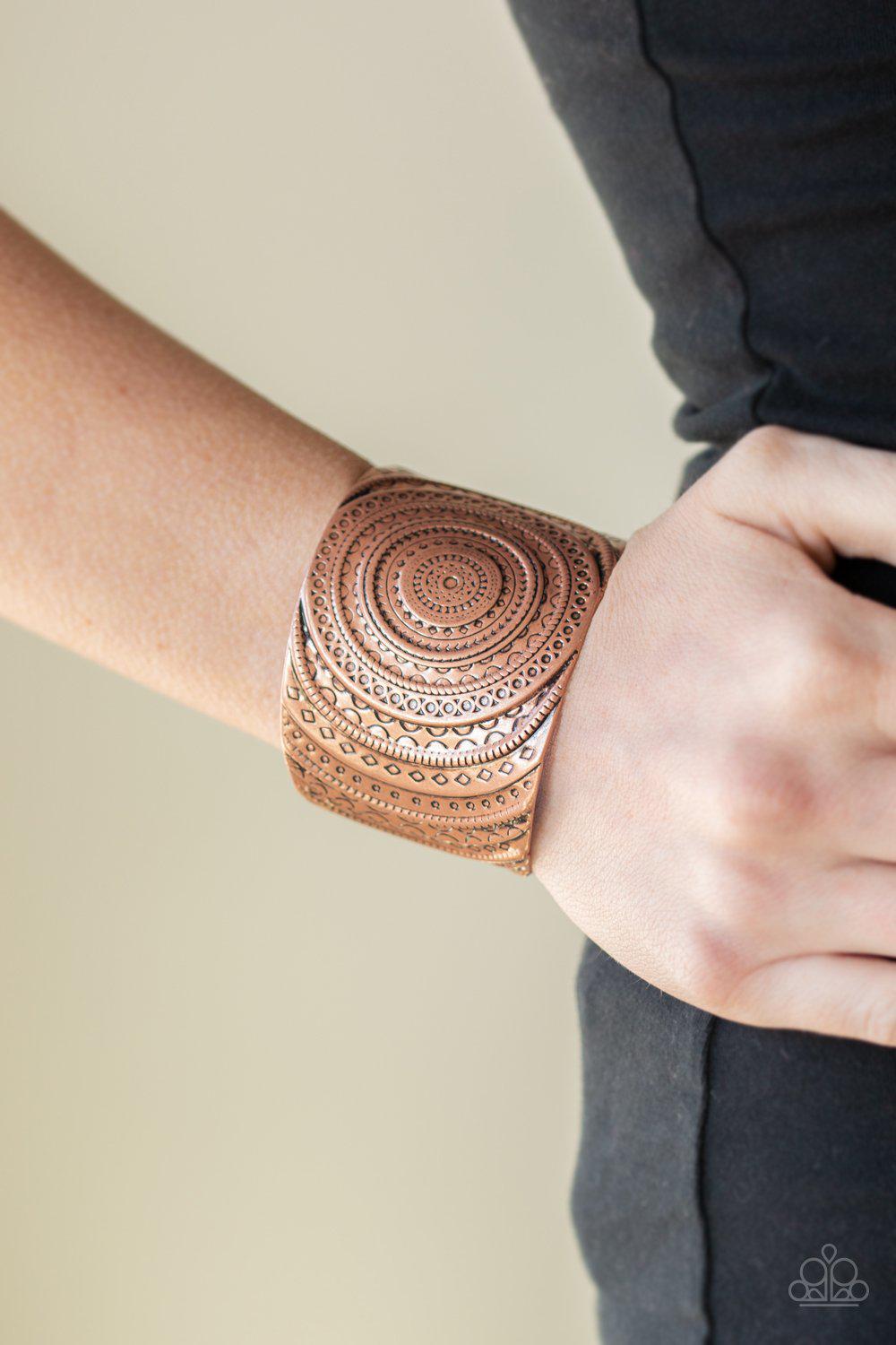 Bare Your SOL Copper Cuff Bracelet - Paparazzi Accessories- on model - CarasShop.com - Paparazzi Jewelry by Cara Jewels