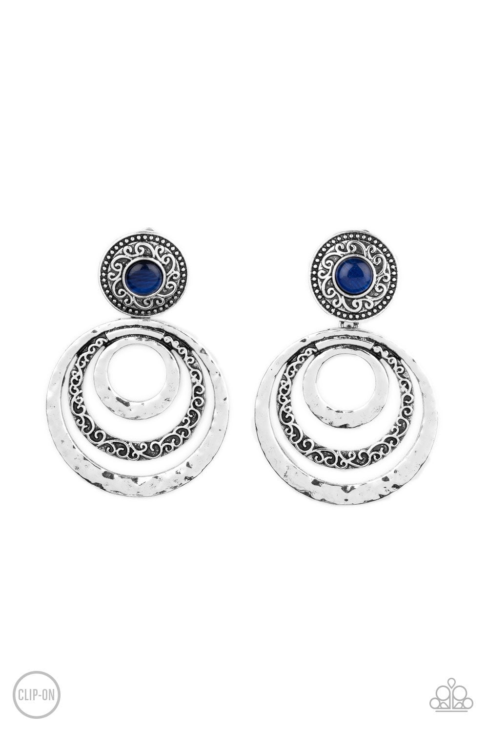 Bare Your Soul Blue Cat's Eye Stone Clip-On Earrings - Paparazzi Accessories- lightbox - CarasShop.com - Paparazzi Jewelry by Cara Jewels