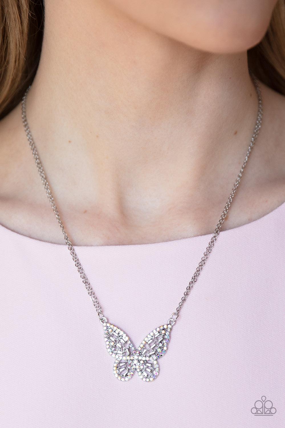 Baroque Butterfly Multi Iridescent Rhinestone Necklace - Paparazzi Accessories- on model - CarasShop.com - Paparazzi Jewelry by Cara Jewels