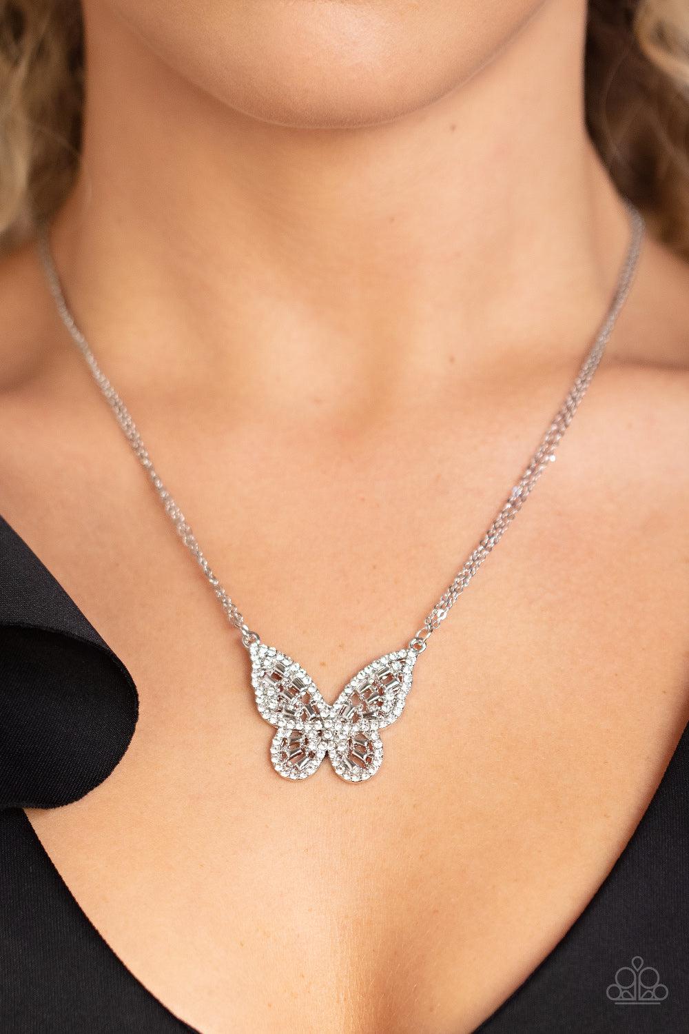 Baroque Butterfly White Rhinestone Necklace - Paparazzi Accessories- on model - CarasShop.com - Paparazzi Jewelry by Cara Jewels