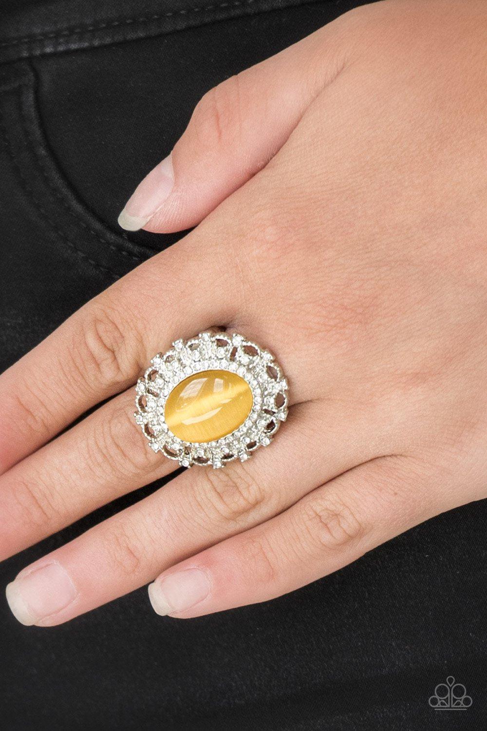 BAROQUE The Spell Yellow Moonstone Ring - Paparazzi Accessories- on model - CarasShop.com - Paparazzi Jewelry by Cara Jewels