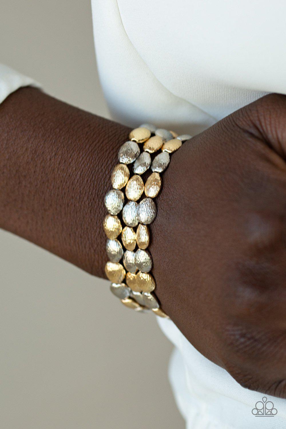 Basic Bliss Multi Gold and Silver Stretch Bracelet Set - Paparazzi Accessories- on model - CarasShop.com - Paparazzi Jewelry by Cara Jewels