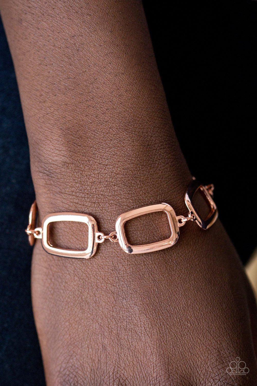 Basic Geometry Shiny Copper Bracelet - Paparazzi Accessories- on model - CarasShop.com - Paparazzi Jewelry by Cara Jewels