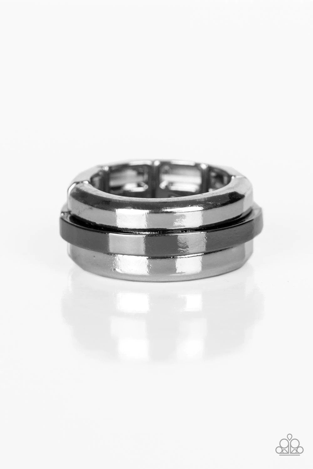 Battle Tank Men's Gunmetal Black & Silver Ring - Paparazzi Accessories- lightbox - CarasShop.com - Paparazzi Jewelry by Cara Jewels