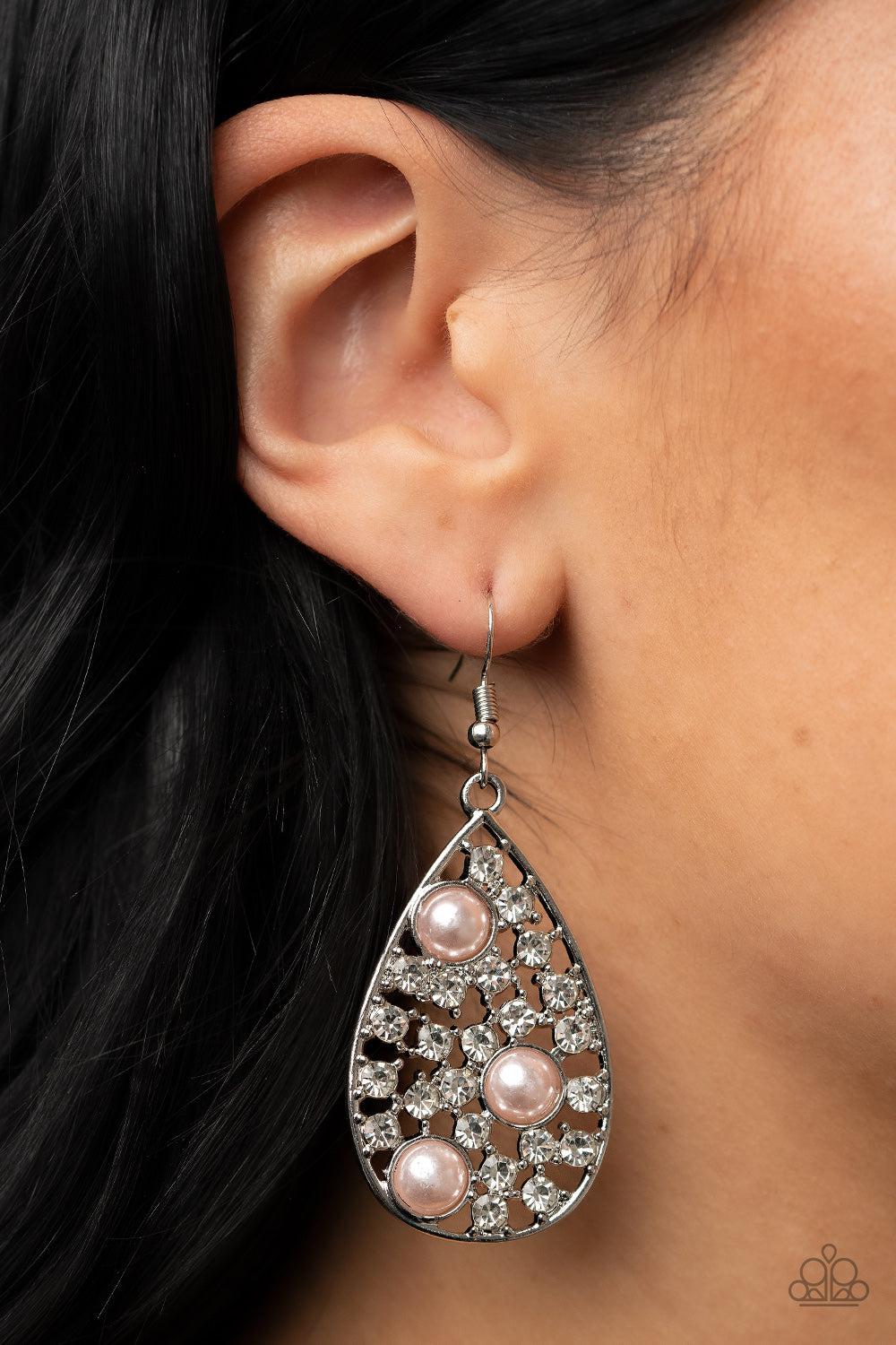 Bauble Burst Pink Pearl Earrings - Paparazzi Accessories- on model - CarasShop.com - Paparazzi Jewelry by Cara Jewels