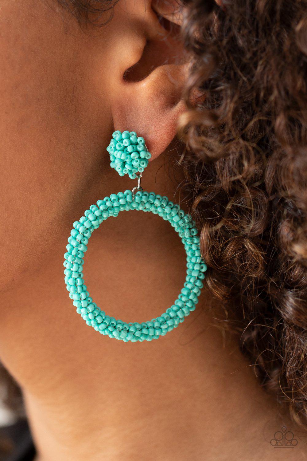Be All You Can BEAD Turquoise Blue Seed Bead Earrings - Paparazzi Accessories- on model - CarasShop.com - Paparazzi Jewelry by Cara Jewels