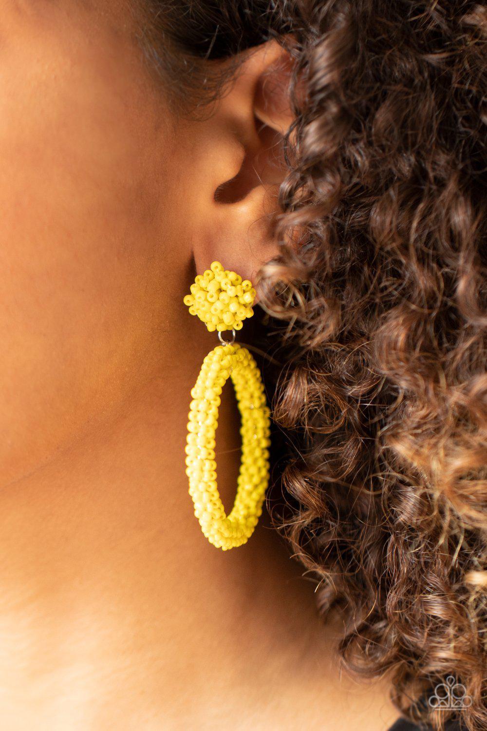 Be All You Can BEAD Yellow Seed Bead Earrings - Paparazzi Accessories- on model - CarasShop.com - Paparazzi Jewelry by Cara Jewels