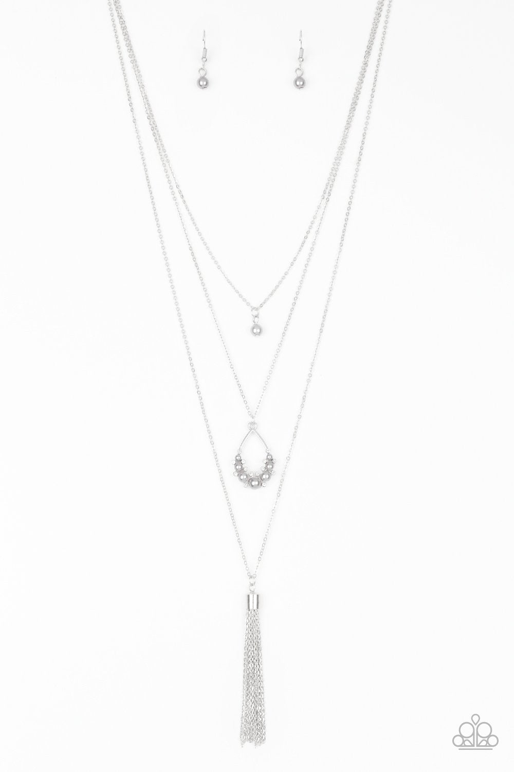 Be Fancy Silver Pearl and Tassel Necklace - Paparazzi Accessories- lightbox - CarasShop.com - Paparazzi Jewelry by Cara Jewels