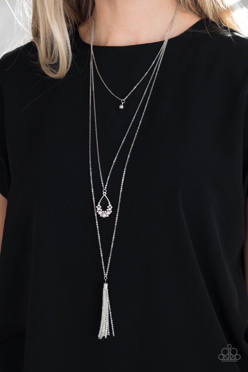 Be Fancy Silver Pearl and Tassel Necklace - Paparazzi Accessories- on model - CarasShop.com - Paparazzi Jewelry by Cara Jewels