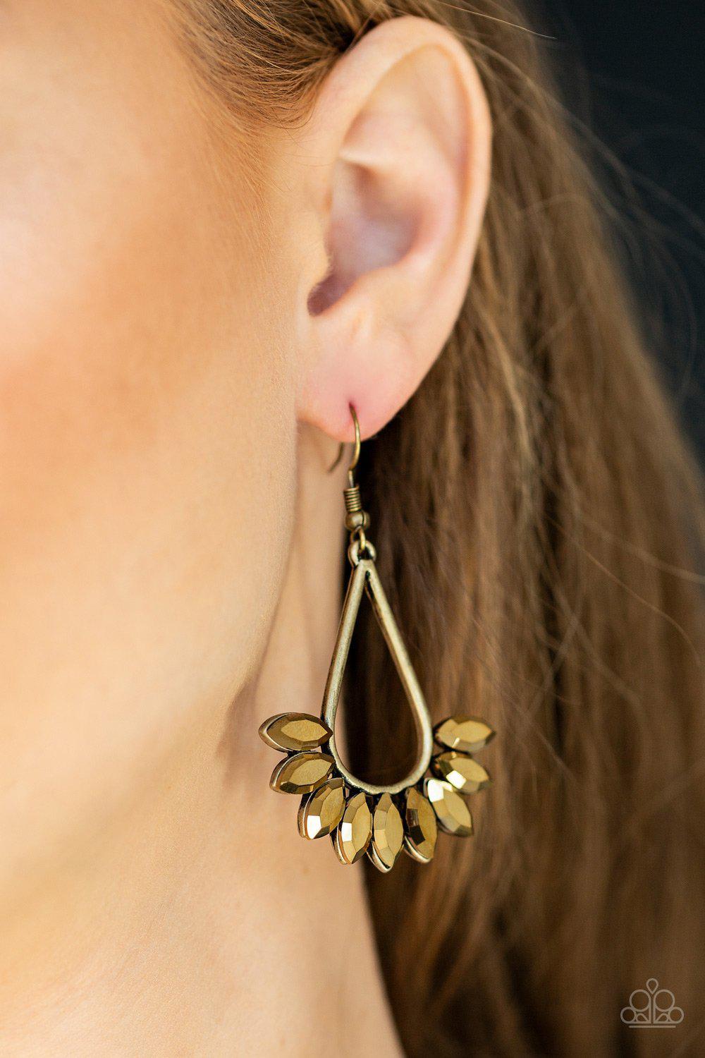 Be On Guard Brass Earrings - Paparazzi Accessories- on model - CarasShop.com - Paparazzi Jewelry by Cara Jewels