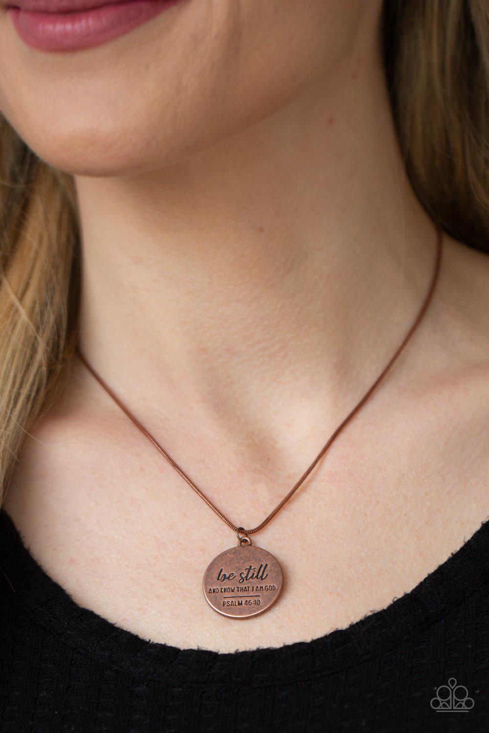 Be Still Copper Inspirational Necklace - Paparazzi Accessories- on model - CarasShop.com - Paparazzi Jewelry by Cara Jewels