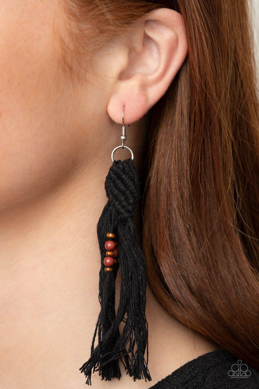 Beach Bash Black Macrame and Brown Wood Tassel Earrings - Paparazzi Accessories- on model - CarasShop.com - Paparazzi Jewelry by Cara Jewels