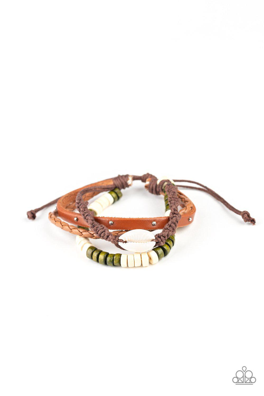 Beach Bounty Green and White Shell Brown Leather Urban Knot Bracelet - Paparazzi Accessories- lightbox - CarasShop.com - Paparazzi Jewelry by Cara Jewels