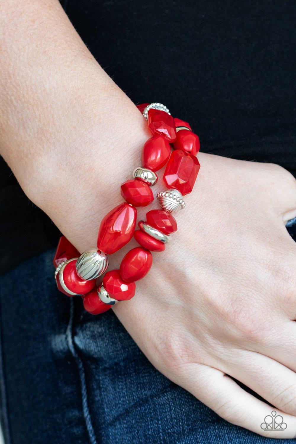 Beach Brunch Red and Silver Bracelet Set - Paparazzi Accessories- on model - CarasShop.com - Paparazzi Jewelry by Cara Jewels