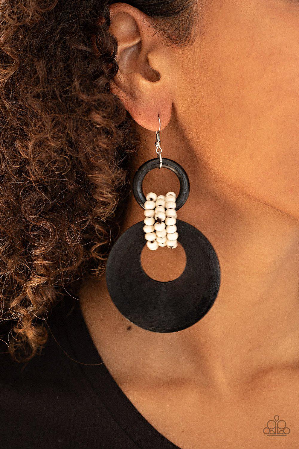 Beach Day Drama Black and White Wood Earrings - Paparazzi Accessories- on model - CarasShop.com - Paparazzi Jewelry by Cara Jewels