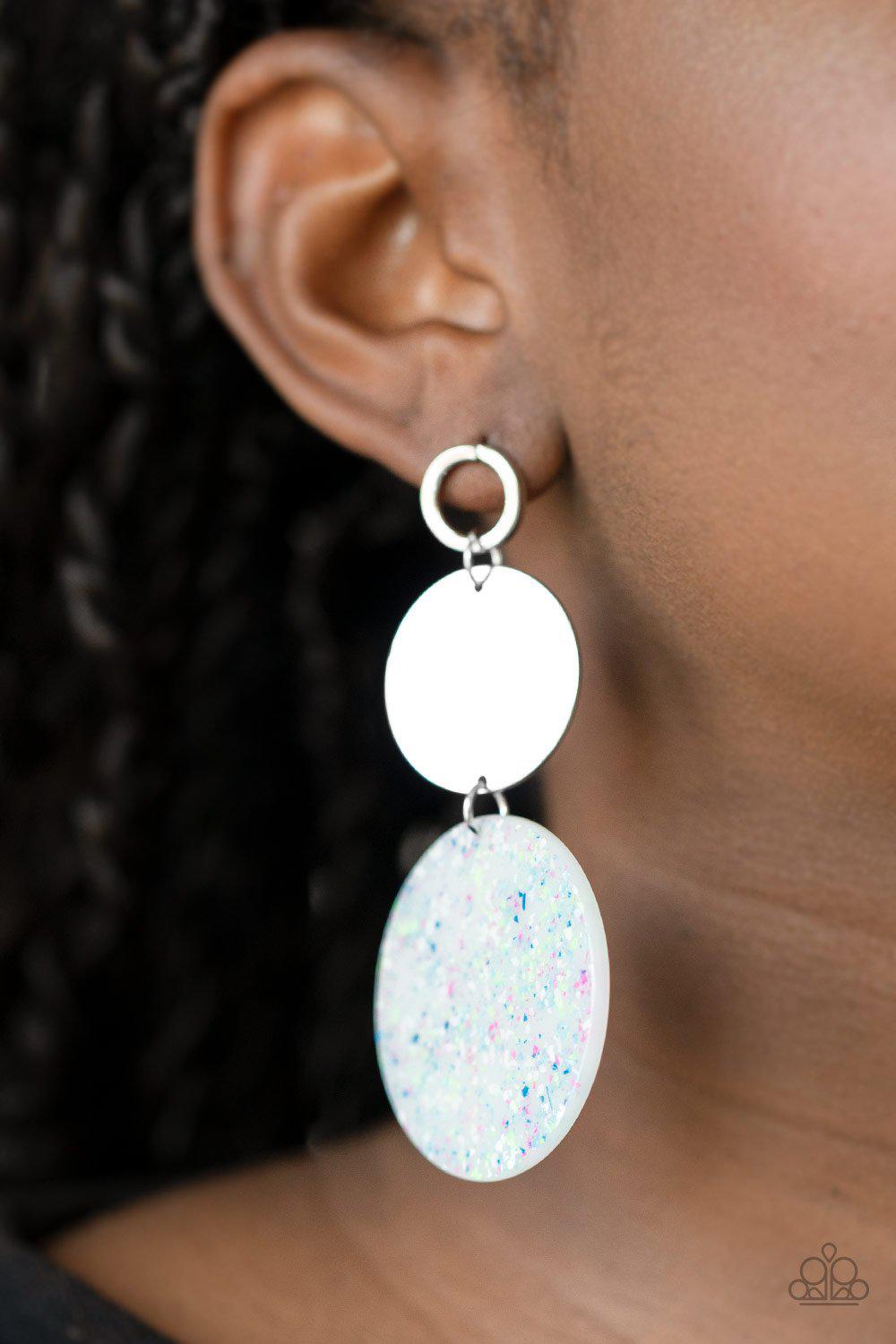 Beach Day Glow Blue and Silver Acrylic Post Earrings - Paparazzi Accessories- on model - CarasShop.com - Paparazzi Jewelry by Cara Jewels