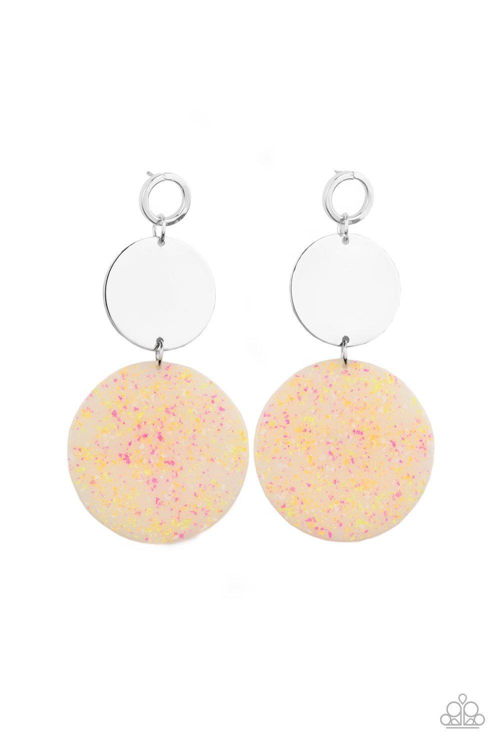 Beach Day Glow Yellow and Silver Acrylic Earrings - Paparazzi Accessories- lightbox - CarasShop.com - Paparazzi Jewelry by Cara Jewels