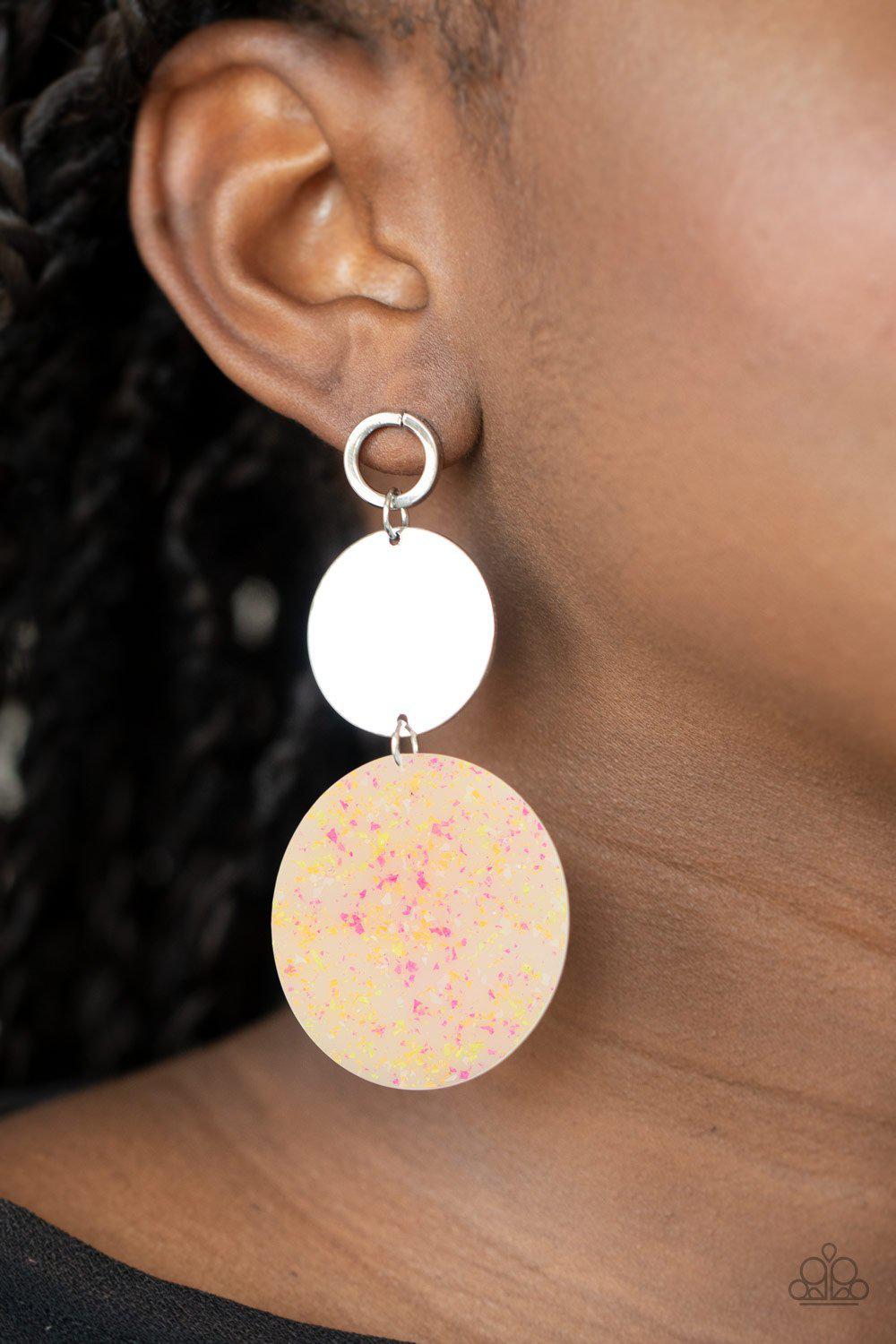 Beach Day Glow Yellow and Silver Acrylic Earrings - Paparazzi Accessories- on model - CarasShop.com - Paparazzi Jewelry by Cara Jewels