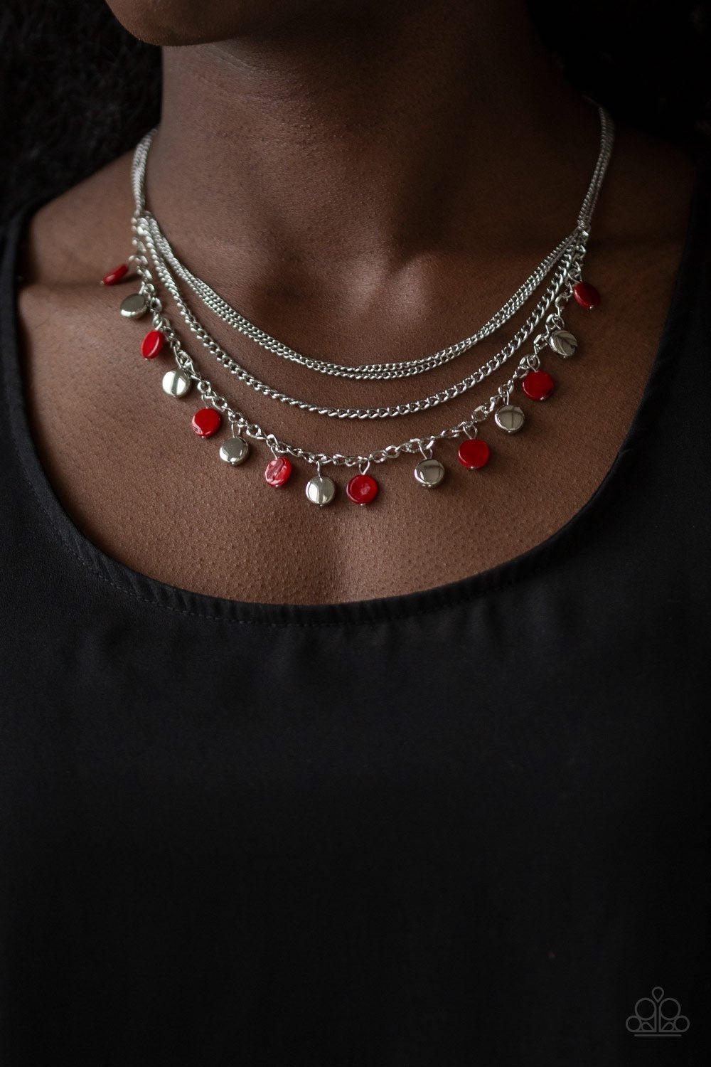 Beach Flavor Red and Silver Necklace - Paparazzi Accessories- on model - CarasShop.com - Paparazzi Jewelry by Cara Jewels