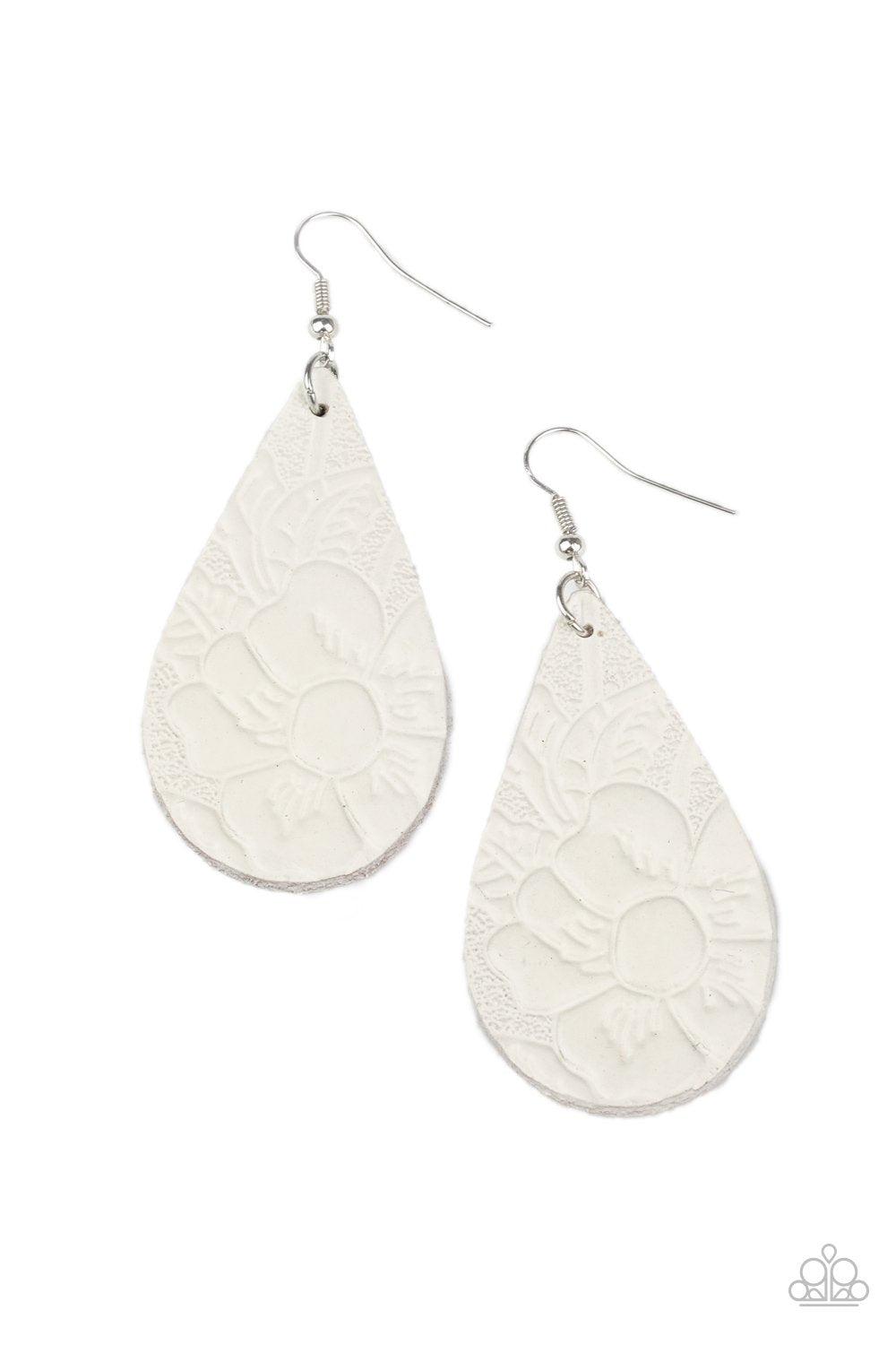 Beach Garden White Leather Teardrop Earrings - Paparazzi Accessories- lightbox - CarasShop.com - Paparazzi Jewelry by Cara Jewels