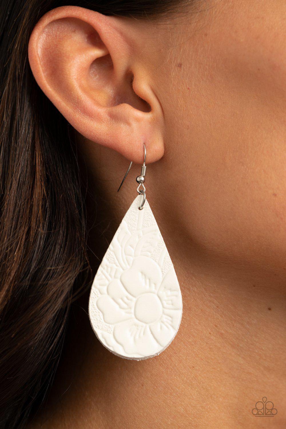 Beach Garden White Leather Teardrop Earrings - Paparazzi Accessories- on model - CarasShop.com - Paparazzi Jewelry by Cara Jewels