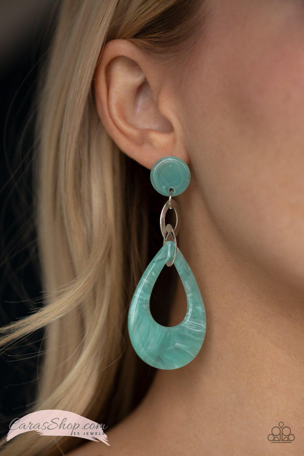 Beach Oasis - Blue Acrylic Teardrop Post Earrings - Paparazzi Accessories- on model - CarasShop.com - Paparazzi Jewelry by Cara Jewels