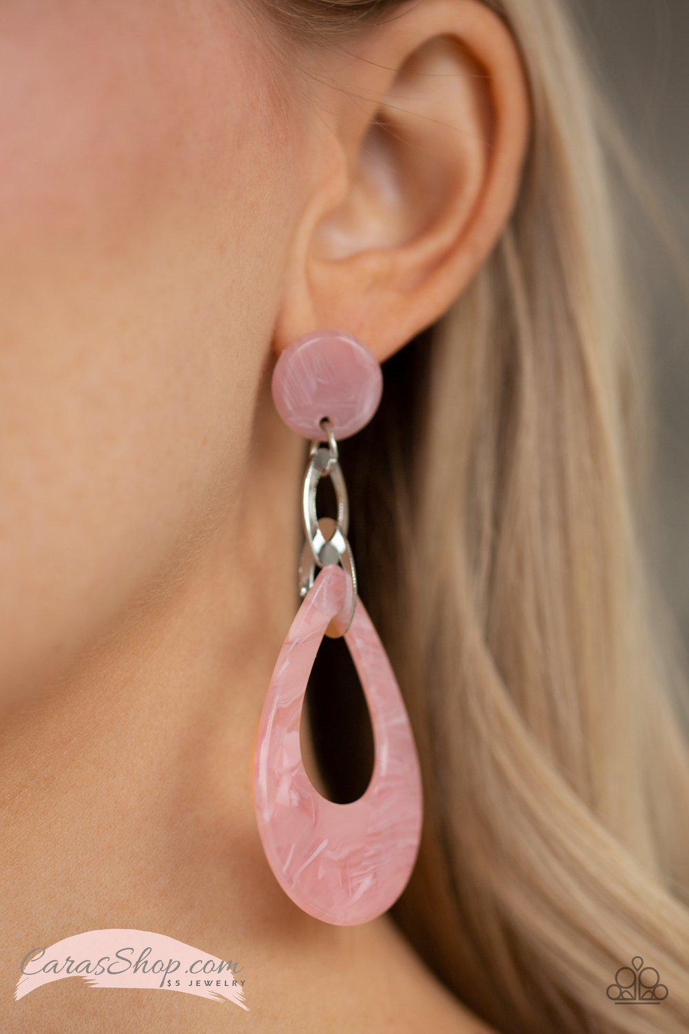 Beach Oasis - Pink Acrylic Teardrop Post Earrings - Paparazzi Accessories- on model - CarasShop.com - Paparazzi Jewelry by Cara Jewels