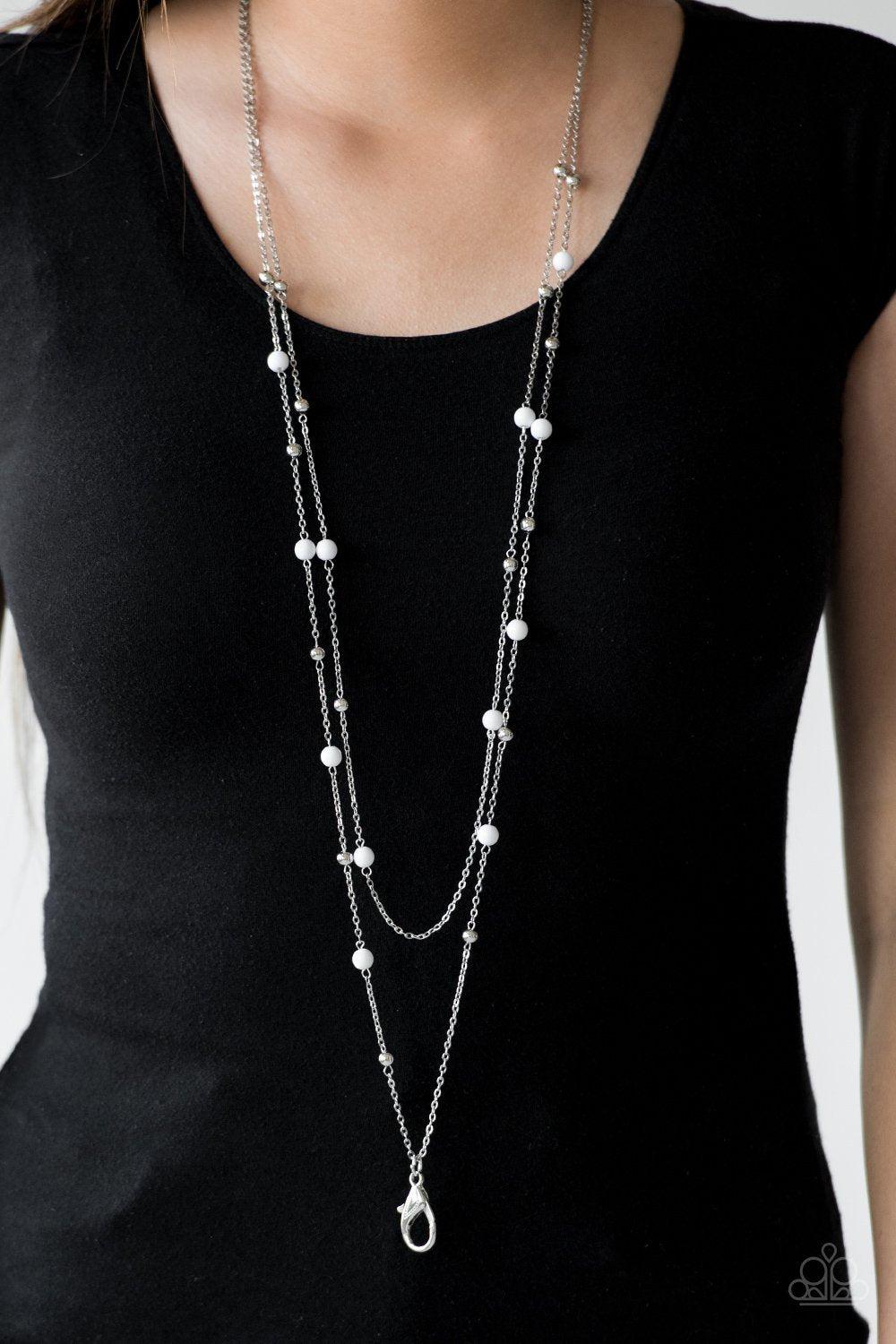 Beach Party Pageant White Lanyard Necklace - Paparazzi Accessories- on model - CarasShop.com - Paparazzi Jewelry by Cara Jewels