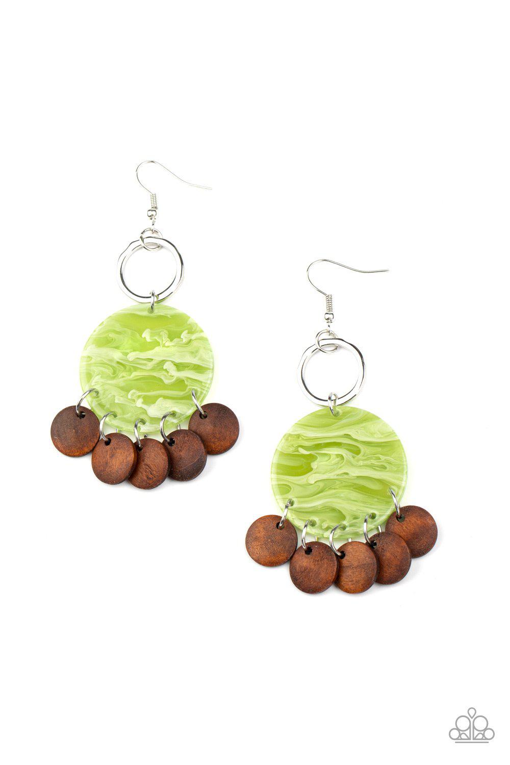 Beach Waves Green Acrylic and Brown Wood Earrings - Paparazzi Accessories- lightbox - CarasShop.com - Paparazzi Jewelry by Cara Jewels