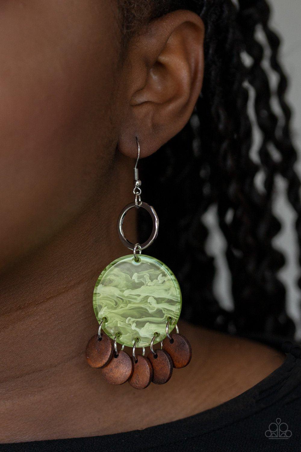 Beach Waves Green Acrylic and Brown Wood Earrings - Paparazzi Accessories- on model - CarasShop.com - Paparazzi Jewelry by Cara Jewels