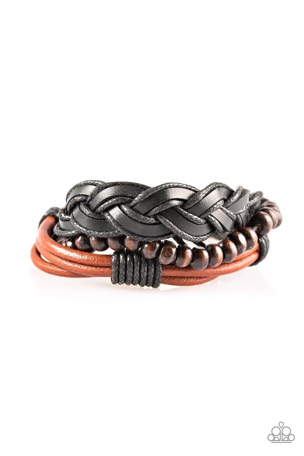 Beachside Resort Brown Leather Urban Bracelet - Paparazzi Accessories- lightbox - CarasShop.com - Paparazzi Jewelry by Cara Jewels