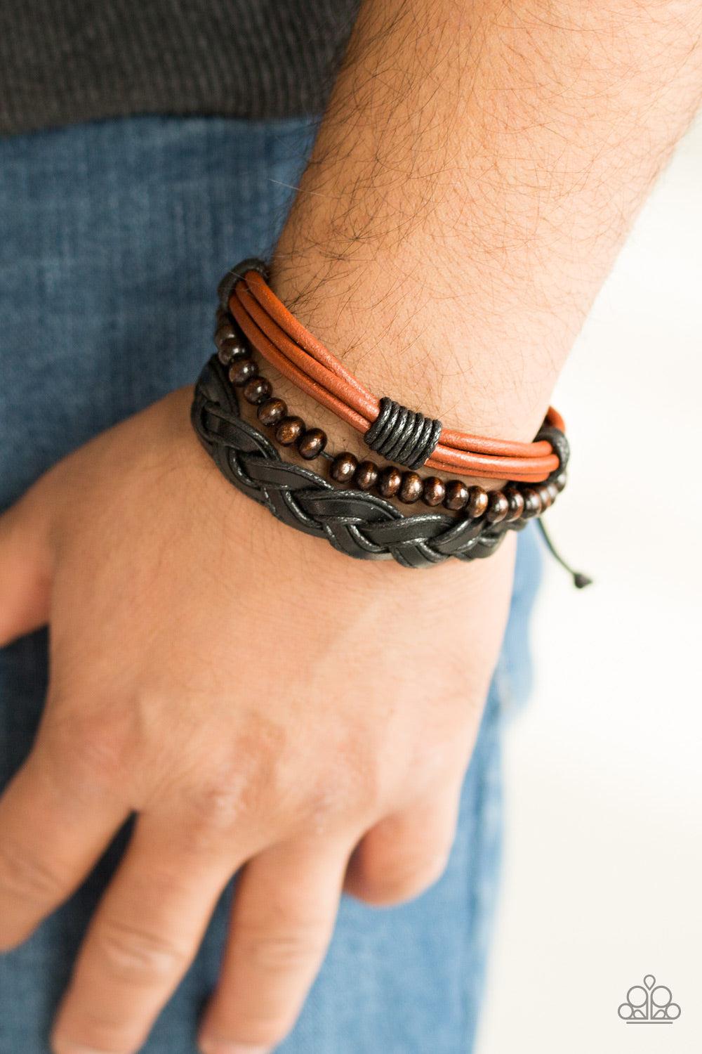 Beachside Resort Brown Leather Urban Bracelet - Paparazzi Accessories- on model - CarasShop.com - Paparazzi Jewelry by Cara Jewels