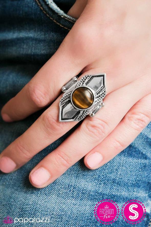 Bead Courageous Silver and Brown Tiger's Eye Ring - Paparazzi Accessories- on model - CarasShop.com - Paparazzi Jewelry by Cara Jewels