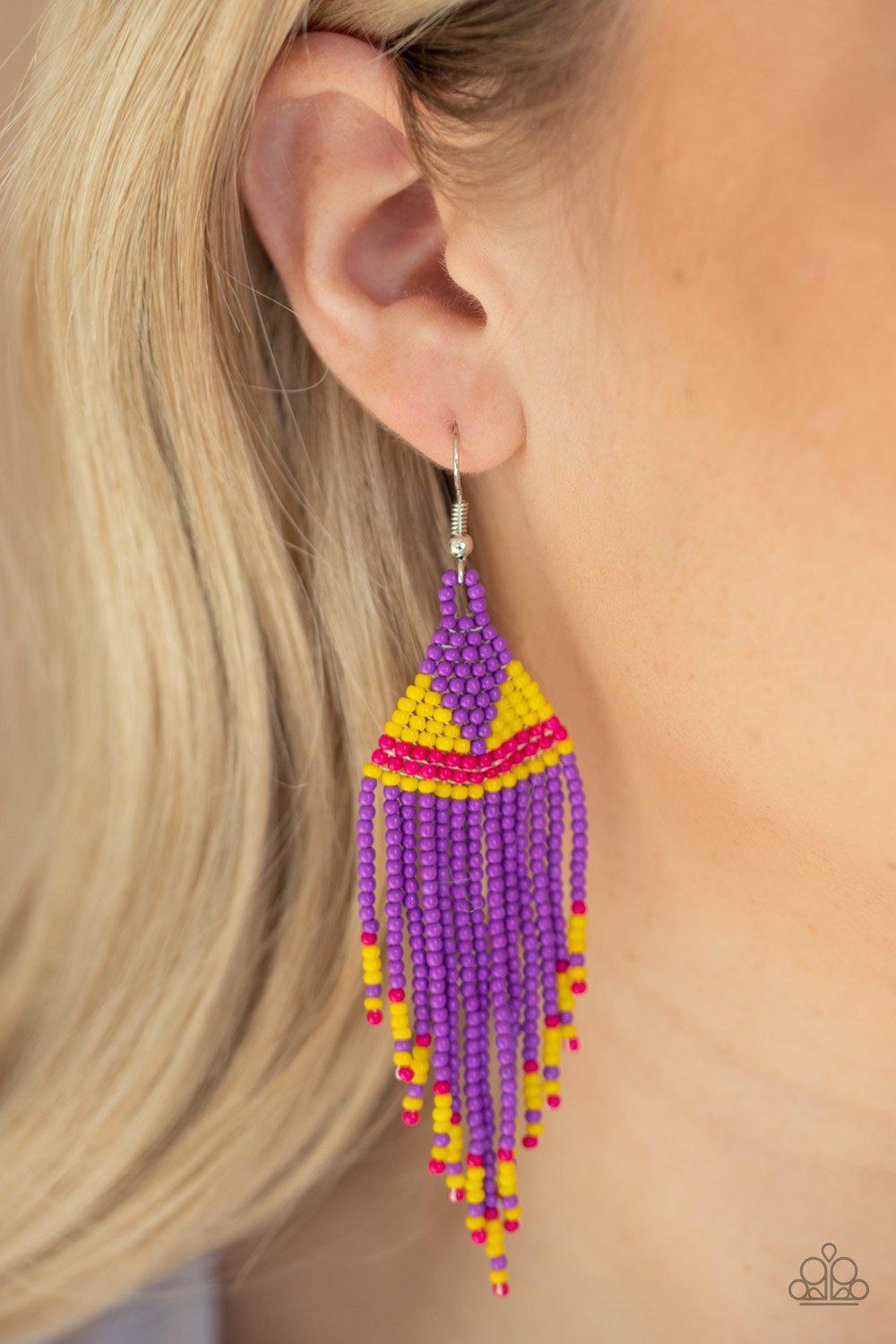 BEADazzle Me Purple Seed Bead Earrings - Paparazzi Accessories- on model - CarasShop.com - Paparazzi Jewelry by Cara Jewels