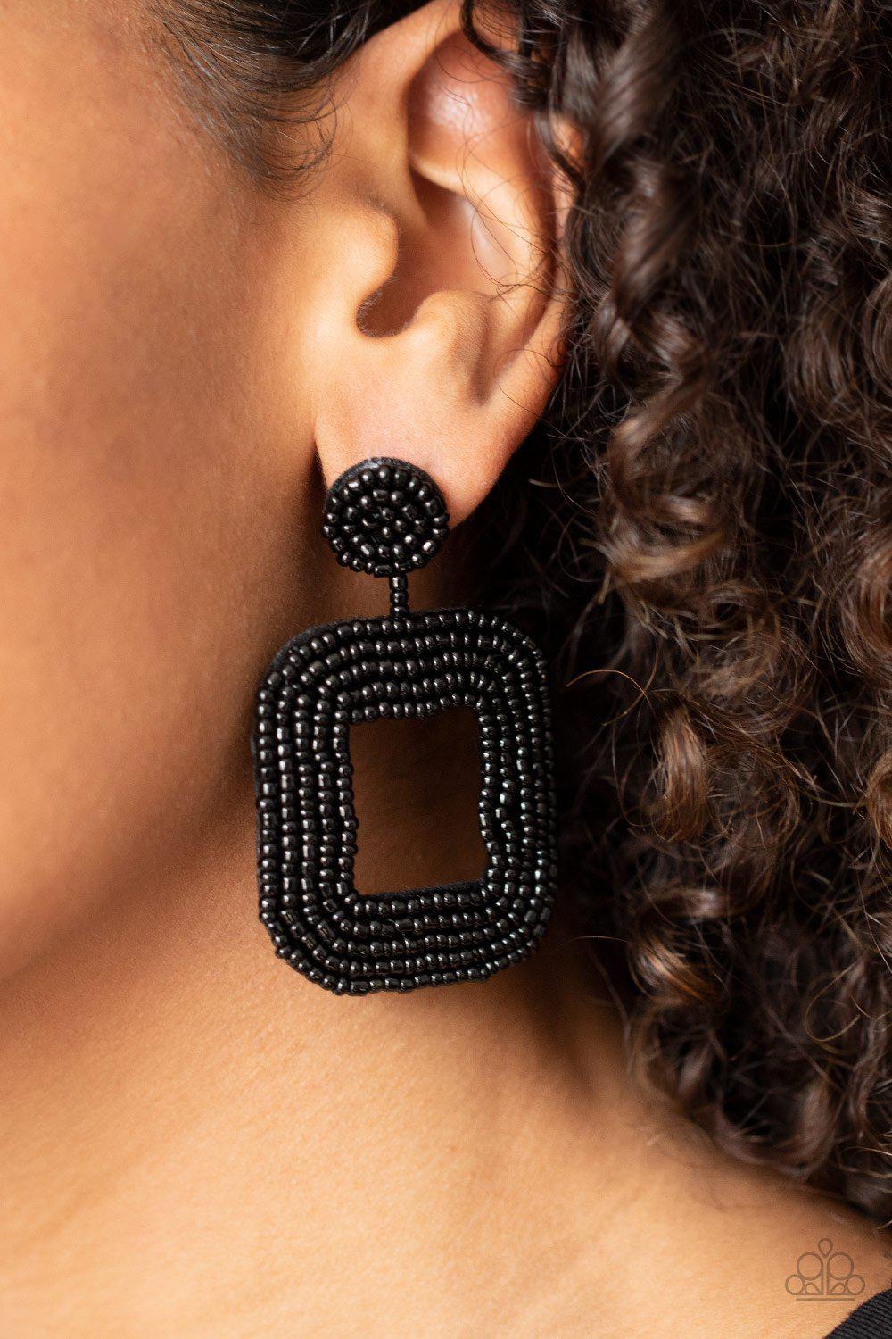 Beaded Bella Black Seed Bead Earrings - Paparazzi Accessories- on model - CarasShop.com - Paparazzi Jewelry by Cara Jewels