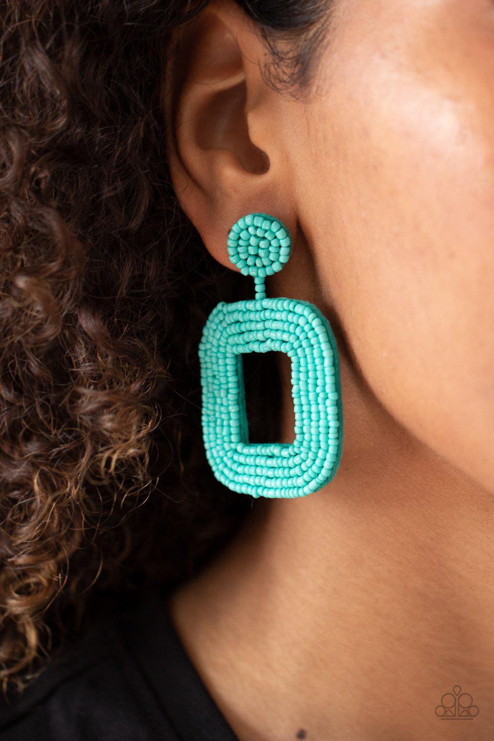 Beaded Bella Turquoise Blue Seed Bead Earrings - Paparazzi Accessories- on model - CarasShop.com - Paparazzi Jewelry by Cara Jewels